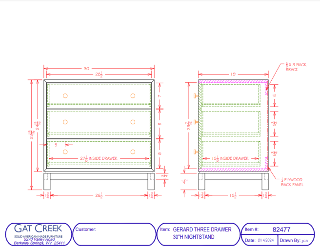 Drawings and dimensions for the 30" Gerard Three Drawer Nightstand