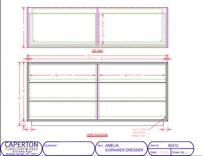 Drawings and dimensions for the Amelia Six Drawer Dresser