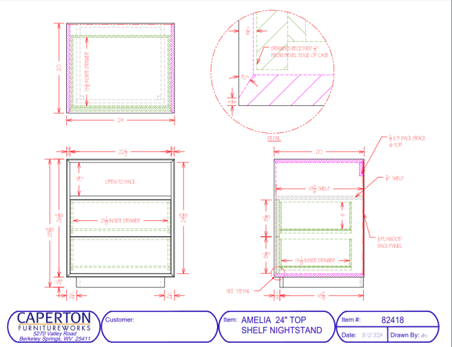 Drawings and dimensions for the Amelia Top Shelf Nightstand