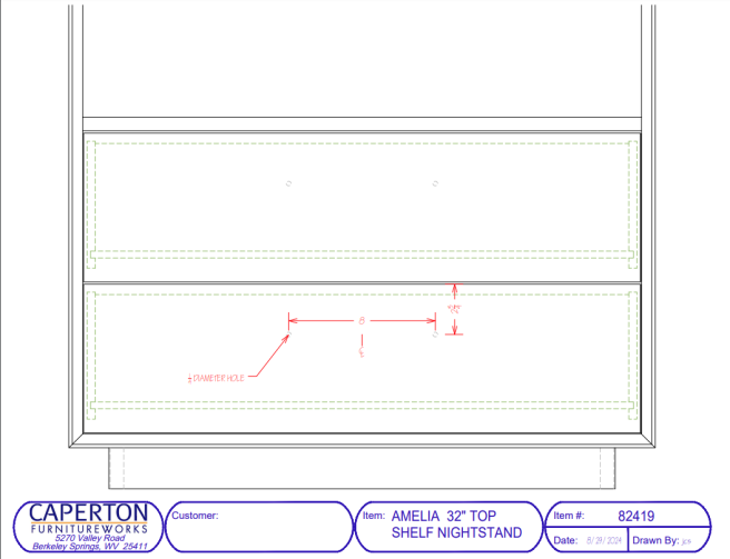 Drawings and dimensions for the Amelia Top Shelf Nightstand